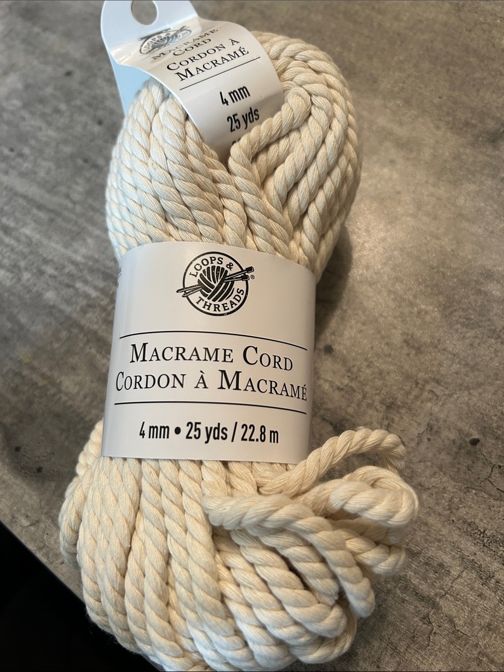 NWT Loops & Threads Macrame Cord 4mm in Natural Cream